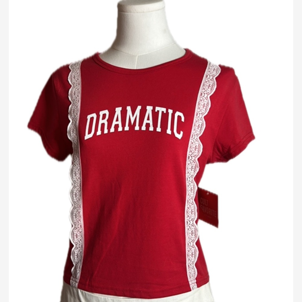 CULT FAVORITE Dramatic Y2K Red Stretch Cotton Baby Tee T-Shirt w/ Lace Detail L